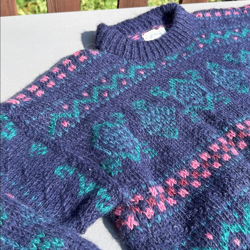 Vintage wool handknit Navy/Pink/Gr/Crewneck Sweater, Turtles n Fish L/XL
